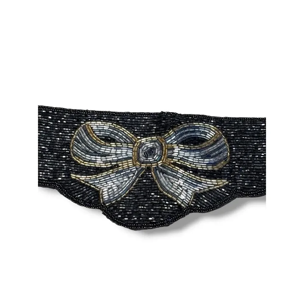 Vintage Black Beaded Bow Waist Belt Art Deco Glam Stretch Belt Handmade Coquette